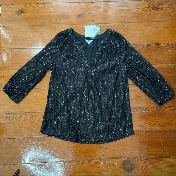 Black sequin peasant top - Picture 1 of 4